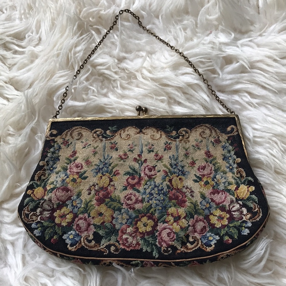 Vintage Petitpoint Tapestry Bag & Compact - Picture 3 of 17